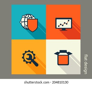 Business icon set. Software and web development, marketing, e-commerce. Flat design