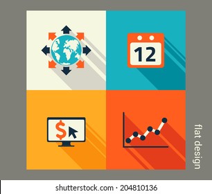 Business icon set. Software and web development, marketing, e-commerce. Flat design The map image is derived from the materials of the University of Texas Libraries, The University of Texas at Austin.