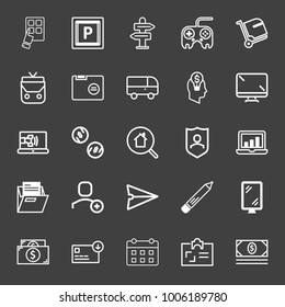 Business icon set with statistics outlined, withdraw money outlined
