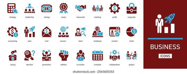 Business icon set. with strategy, leadership, career, startup, teamwork, meeting, profit more solid icons
