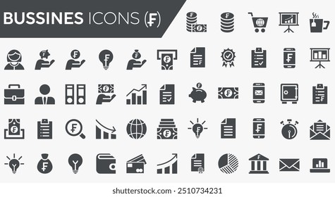 Conjunto de iconos de negocios con el símbolo del franco suizo, color sólido, Vector plano, hucha, moneda, gráficas, símbolos, francos suizos, franco