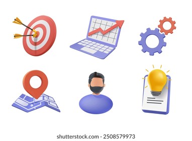 Negocio, conjunto de iconos. Objetivo, gráfico de análisis, computadora portátil, engranajes, mapa, idea, hombre de negocios, Portapapeles de lluvia de ideas. Iconos vectoriales realistas 3D