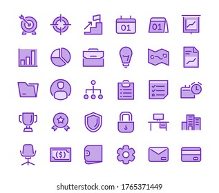 Business icon set target goal diagram suit case schedule chart checklist trophy bulb idea structure shield padlock computer money dollar wallet with chromatic style flat design