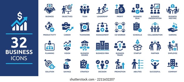 Business icon set. Business team, meeting, partnership, startup, planning, company, management, profit and successful key icons. Solid icons vector collection.