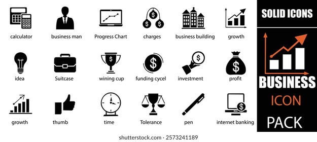 Business icon set. Business team, meeting, partnership, startup, planning, company, management, profit and successful key icons. A well organized collection of adaptable solid vector icons