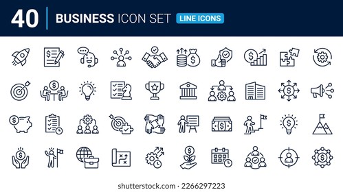 Business icon set. Business team, profit, meeting, partnership, planning, startup, company, leadership and successful key outline icons. Line icons vector collection.