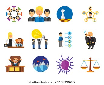 Business Icon Set. Team Structure Common Idea Director Executive Manager Rich Person Team Time Management Challenge Boss Scales Strategic Management Vision Team Leader