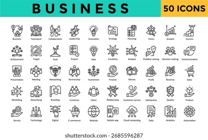 Ícone de negócios definido com trabalho em equipe, colaboração, liderança, inovação, estratégia, planejamento, visão, crescimento, ícone de sucesso. Vetor de linha simples 
