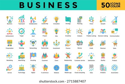 Business-Ikone mit Teamwork, Zusammenarbeit, Führung, Innovation, Strategie, Planung, Vision, Wachstum, Erfolg-Ikone. Einfacher flacher Farbvektor 
