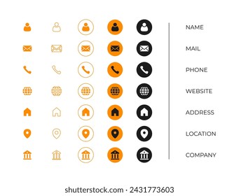 Business icon set template. address, contact, phone, mail, website symbol for business card information. 