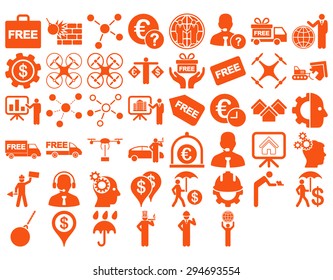 Business Icon Set. These flat icons use orange color. Vector images are isolated on a white background. 