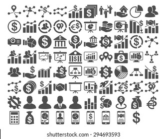 Business Icon Set. These flat icons use gray color. Vector images are isolated on a white background. 