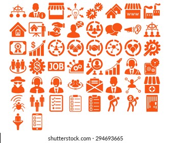 Business Icon Set. These flat icons use orange color. Vector images are isolated on a white background. 