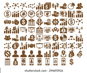 Business Icon Set. These flat icons use brown color. Vector images are isolated on a white background. 