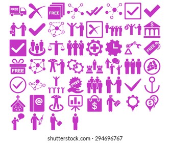 Business Icon Set. These flat icons use violet color. Vector images are isolated on a white background. 