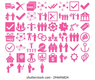 Business Icon Set. These flat icons use pink color. Vector images are isolated on a white background. 