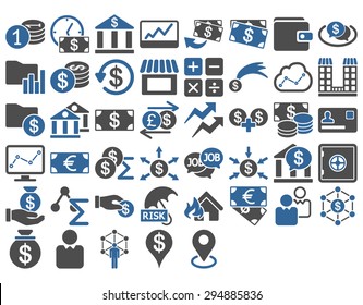 Business Icon Set. These flat bicolor icons use cobalt and gray colors. Vector images are isolated on a white background. 