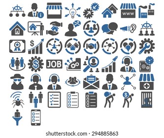Business Icon Set. These flat bicolor icons use cobalt and gray colors. Vector images are isolated on a white background. 