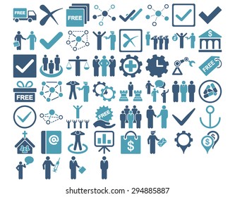 Business Icon Set. These flat bicolor icons use cyan and blue colors. Vector images are isolated on a white background. 