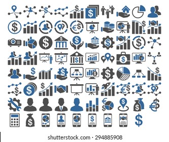 Business Icon Set. These flat bicolor icons use cobalt and gray colors. Vector images are isolated on a white background. 