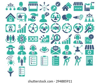 Business Icon Set. These flat bicolor icons use cobalt and cyan colors. Vector images are isolated on a white background. 