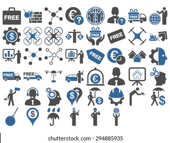 Business Icon Set. These flat bicolor icons use cobalt and gray colors. Vector images are isolated on a white background. 