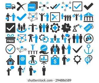 Business Icon Set. These flat bicolor icons use blue and gray colors. Vector images are isolated on a white background. 