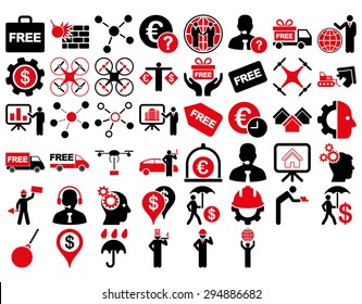 Business Icon Set. These flat bicolor icons use intensive red and black colors. Vector images are isolated on a white background. 