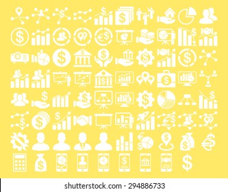 Business Icon Set. These flat icons use white color. Vector images are isolated on a yellow background. 