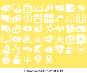 Business Icon Set. These flat icons use white color. Vector images are isolated on a yellow background. 