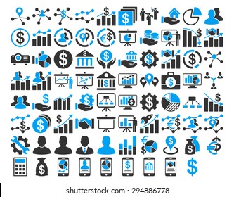 Business Icon Set. These flat bicolor icons use blue and gray colors. Vector images are isolated on a white background. 