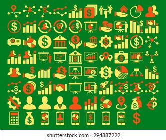 Business Icon Set. These flat bicolor icons use orange and yellow colors. Vector images are isolated on a green background. 