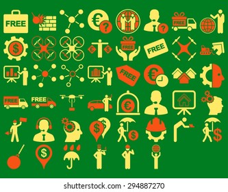 Business Icon Set. These flat bicolor icons use orange and yellow colors. Vector images are isolated on a green background. 