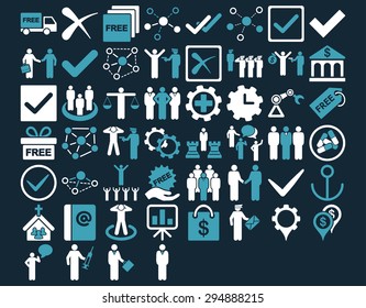 Business Icon Set. These flat bicolor icons use blue and white colors. Vector images are isolated on a dark blue background. 
