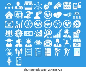 Business Icon Set. These flat icons use white color. Vector images are isolated on a blue background. 