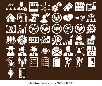 Business Icon Set. These flat icons use white color. Vector images are isolated on a brown background. 