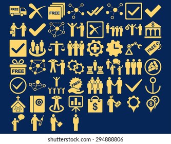 Business Icon Set. These flat icons use yellow color. Vector images are isolated on a blue background. 