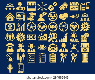 Business Icon Set. These flat icons use yellow color. Vector images are isolated on a blue background. 