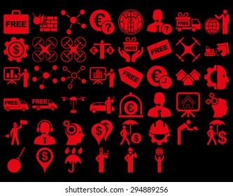 Business Icon Set. These flat icons use red color. Vector images are isolated on a black background. 