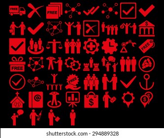 Business Icon Set. These flat icons use red color. Vector images are isolated on a black background. 