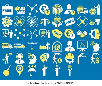Business Icon Set. These flat bicolor icons use yellow and white colors. Vector images are isolated on a blue background. 