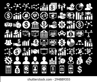Business Icon Set. These flat icons use white color. Vector images are isolated on a black background. 