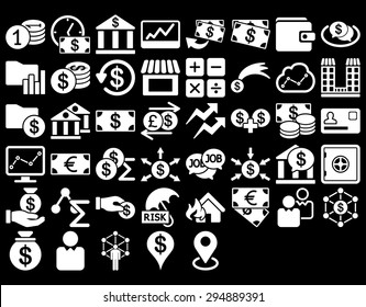 Business Icon Set. These flat icons use white color. Vector images are isolated on a black background. 