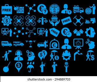 Business Icon Set. These flat icons use blue color. Vector images are isolated on a black background. 