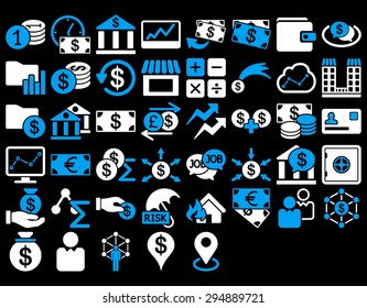 Business Icon Set. These flat bicolor icons use blue and white colors. Vector images are isolated on a black background. 