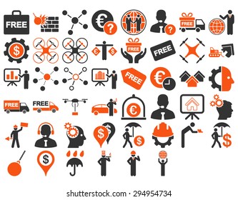 Business Icon Set. These flat bicolor icons use orange and gray colors. Vector images are isolated on a white background. 