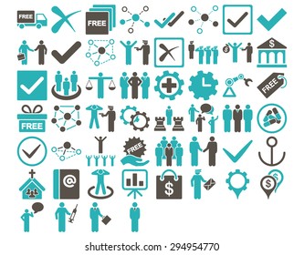 Business Icon Set. These flat bicolor icons use grey and cyan colors. Vector images are isolated on a white background. 