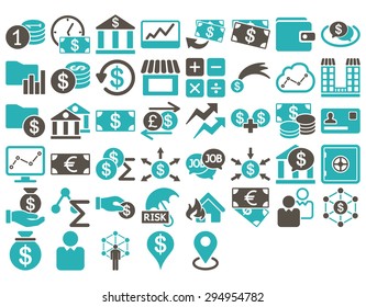Business Icon Set. These flat bicolor icons use grey and cyan colors. Vector images are isolated on a white background. 