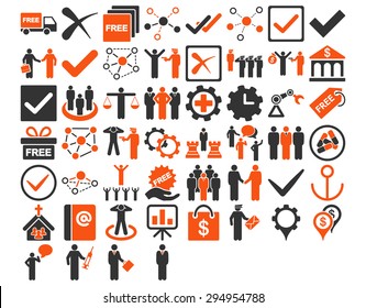 Business Icon Set. These flat bicolor icons use orange and gray colors. Vector images are isolated on a white background. 