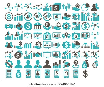 Business Icon Set. These flat bicolor icons use grey and cyan colors. Vector images are isolated on a white background. 